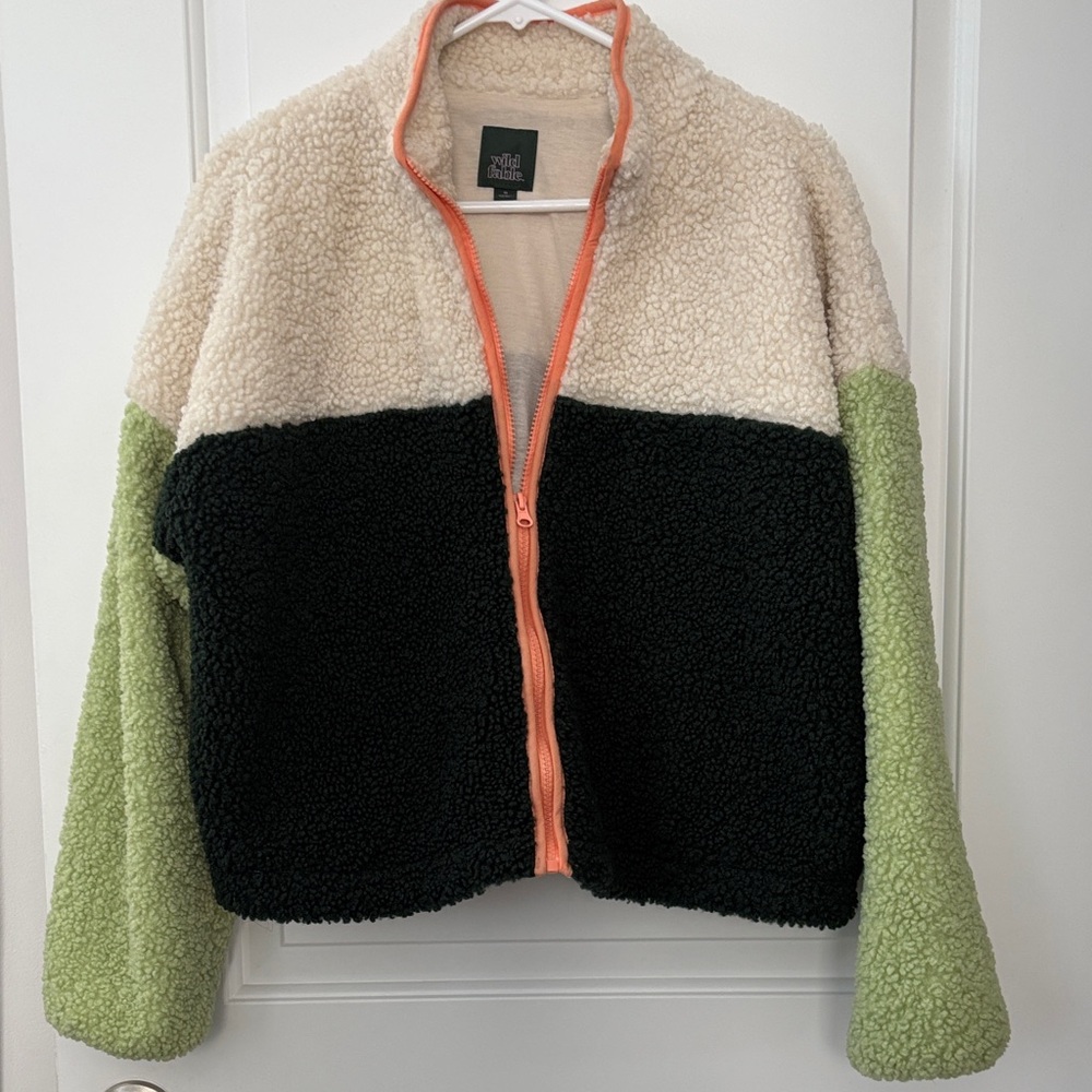 wild fable Colorblock Teddy Jacket in cream, black, lime with coral trim